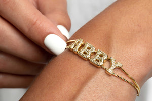 Personalized Gold Pavé Name Bracelet | Gold Retro Name Bracelet | Custom Bubble Name Bracelet | Name Bracelet | 14K Gold Women's Bracelets