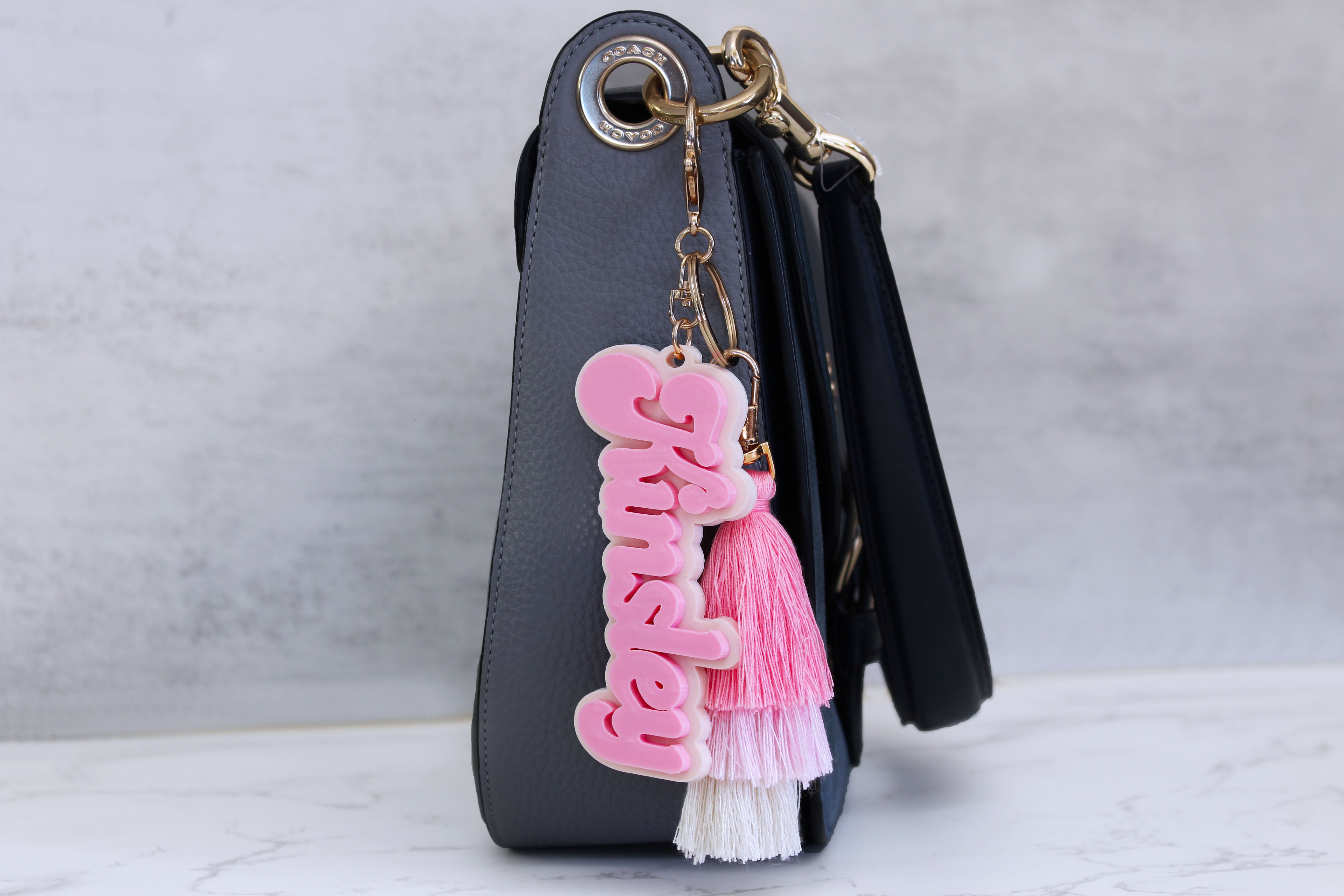 Personalized Retro Name Tag Keychain with Cotton Tassel