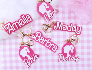 Custom Barbie Keychain. Hot Pink 3D Name Plate Keychain. Personalized Pink Name Tag Keychain. Pink Barbie Doll Name Keychain for Girl.