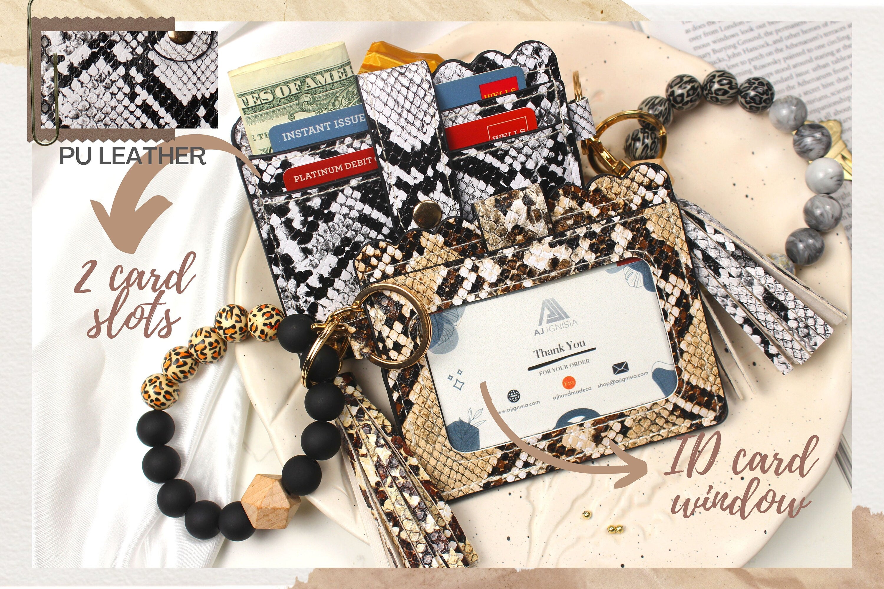 Personalized Wristlet Bracelet Keychain with Snakeskin Card Holder Wallet and Tassel, Silicone Beads Bracelet Key Ring and ID Card Wallet