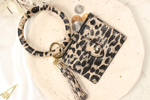 Leopard Leather Wallet Keychain, Card Holder Keychain, Zipper Pocket Wallet Bangle Keychain, Leopard Leather Wristlet Keyring and Coin Purse