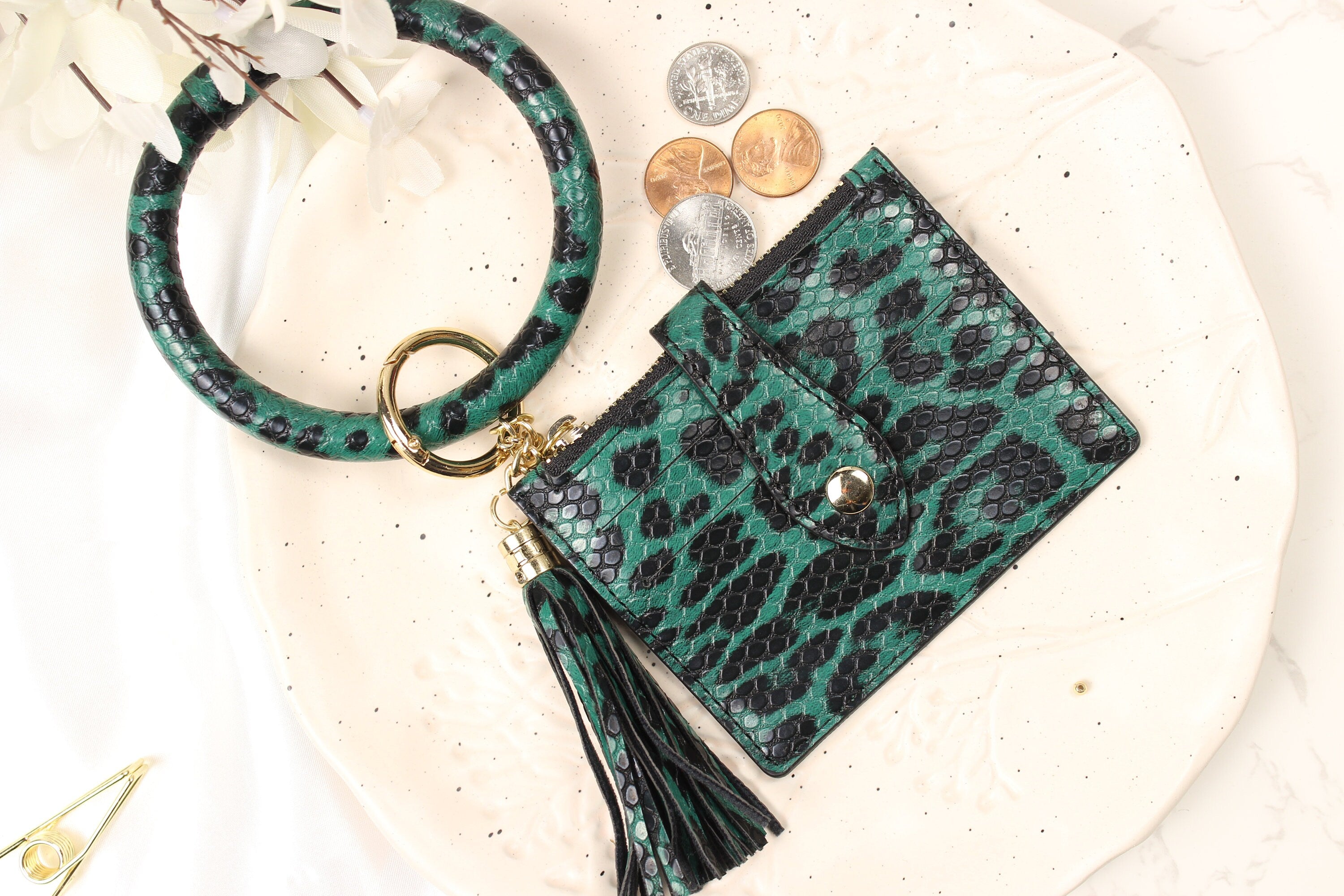 Leopard Leather Wallet Keychain, Card Holder Keychain, Zipper Pocket Wallet Bangle Keychain, Leopard Leather Wristlet Keyring and Coin Purse
