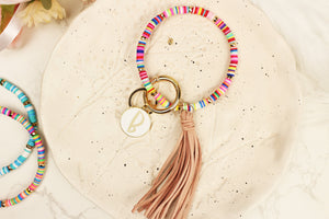 Personalized Gift Boho Bangle Keychain, Monogram Boho Key Ring Bracelet Beaded Keychain Wristlet with Tassel Keychains, Heishi Beads Keyring