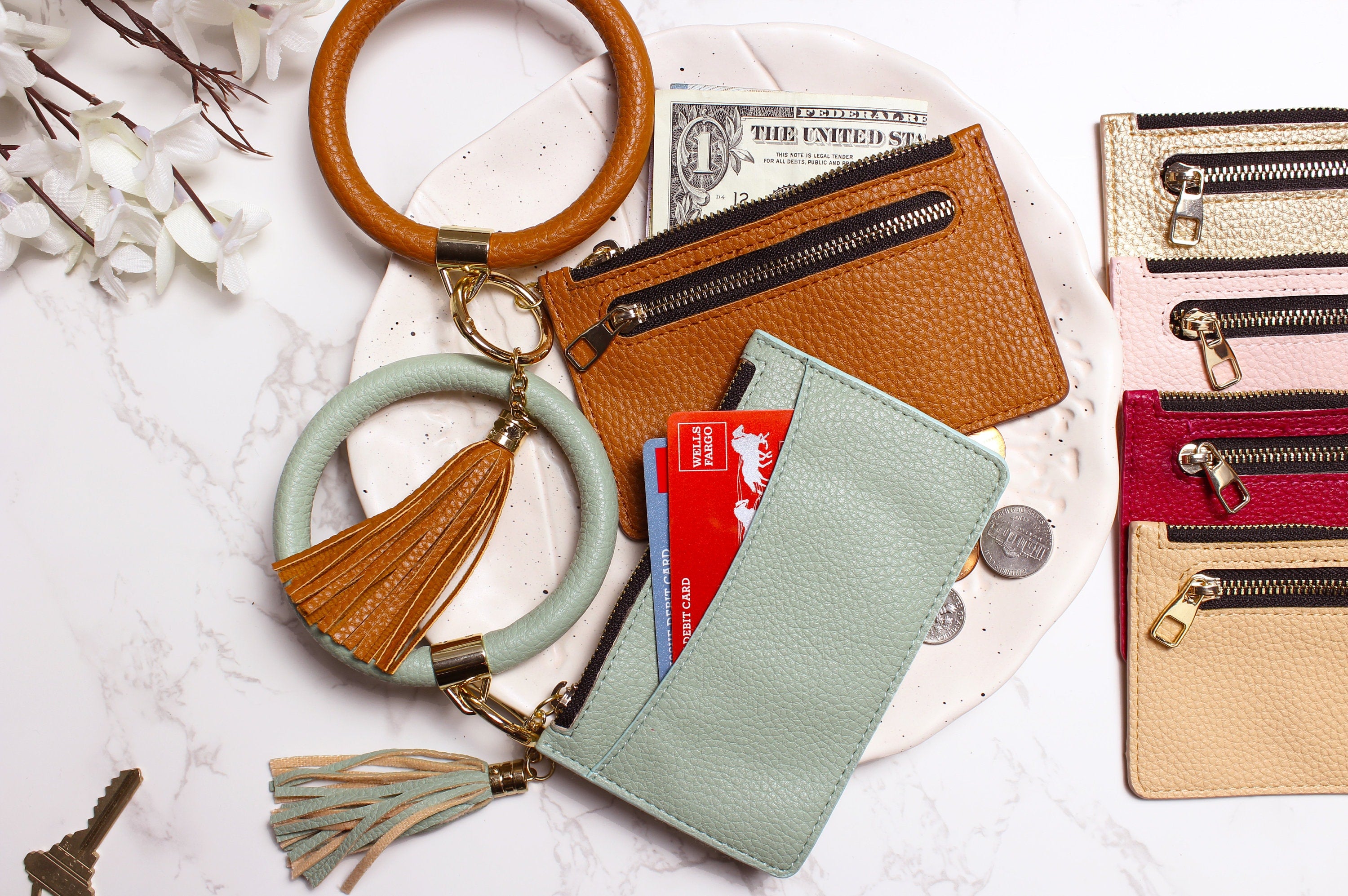 Personalized Keychain Wallet, Keychain Wristlet with Wallet, Keychain Bracelet with Leather ID Card Wallet, Monogrammed Keychain Wallet