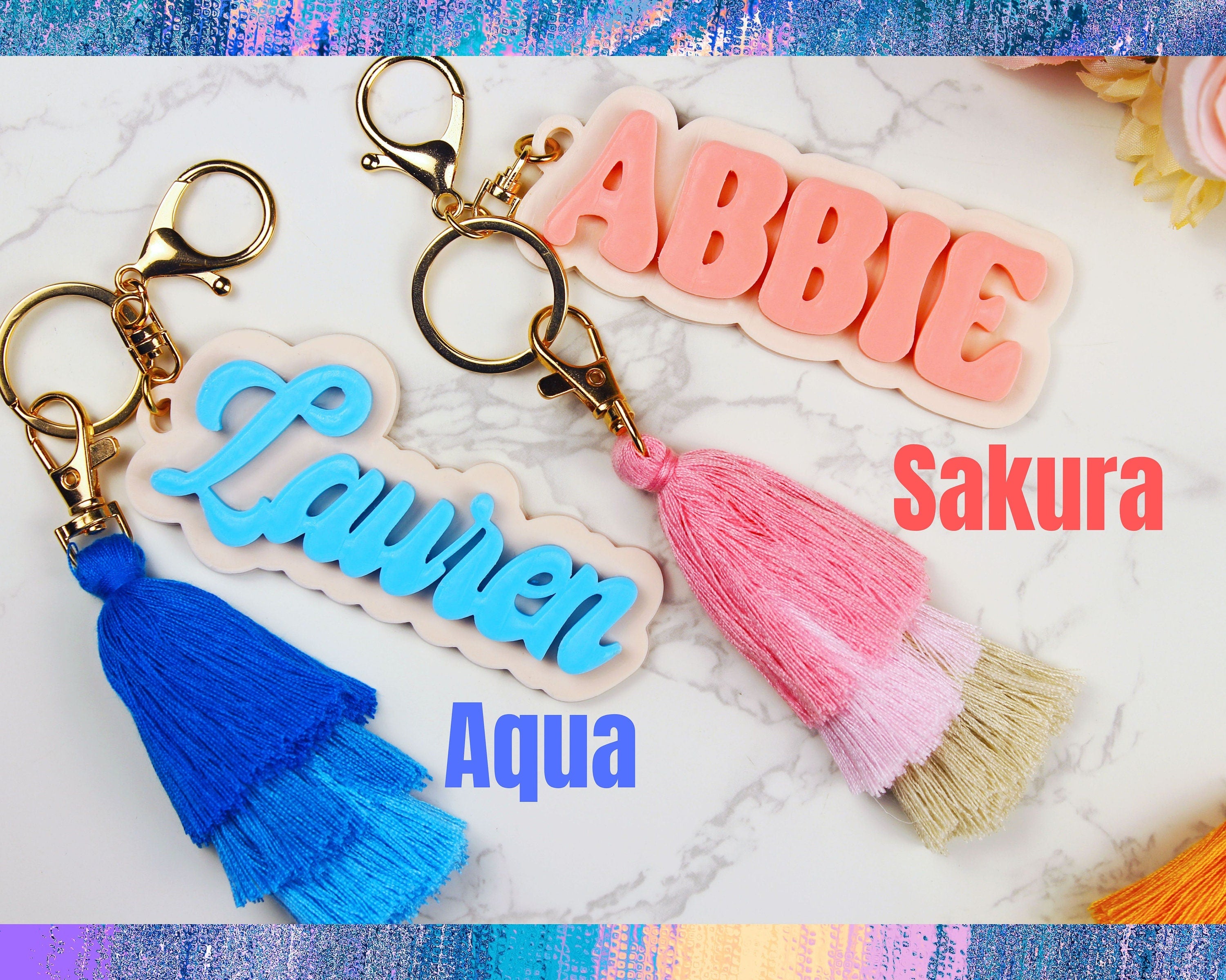 3D Name Plate Keychain with Tassel. Personalized Retro Name Tag Keychain. Colorful Name Plate Keychain. Personalized Name Tassel Keychain .